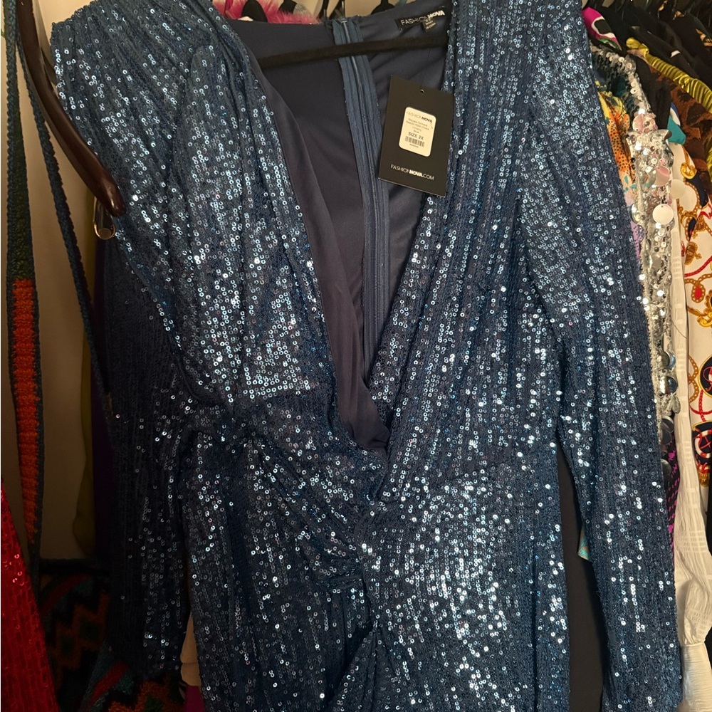 Blue Sequin Long Sleeve Dress